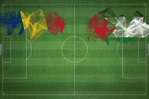 Romania vs Palestine Soccer Match, national colors, national flags, soccer field, football game,