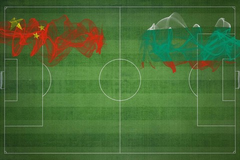 China vs Bulgaria Soccer Match, national colors, national flags, soccer field, football game,
