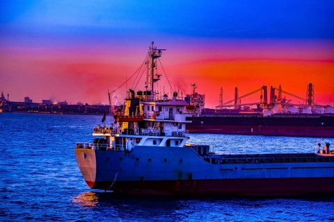 Cargo ship silhouette and sunset. Shooting Location: Yokohama-city kanagawa prefecture