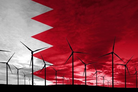 Bahrain flag wind farm at sunset, sustainable development, renewable energy Wind Turbines