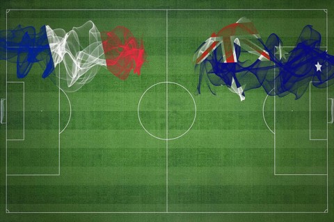 France vs Australia Soccer Match, national colors, national flags, soccer field, football game,