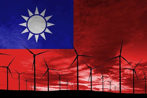 Taiwan flag wind farm at sunset, sustainable development, renewable energy Wind Turbines