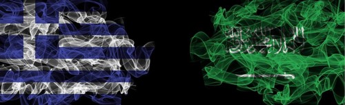 Flags of Greece and Saudi Arabia on Black background, Greece vs Saudi Arabia Smoke Flags