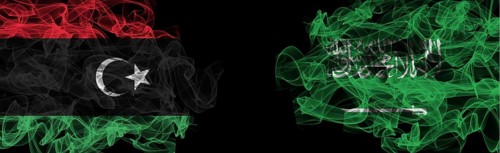 Flags of Libya and Saudi Arabia on Black background, Libya vs Saudi Arabia Smoke Flags