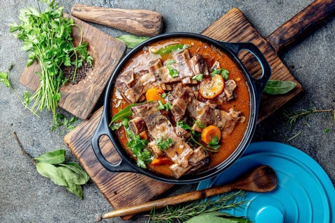 Food, Bourguignon beef ribs stewed with onion, carrot in red wine. Top view