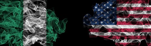 Flags of Nigeria and USA on Black background, Nigeria vs USA Smoke Flags