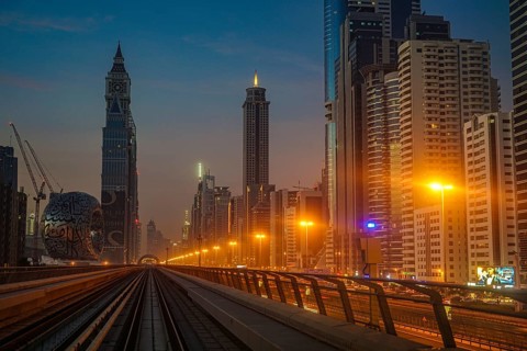 Dubai sunrise landscape (from the United Arab Emirates Dubai Metro). Shooting Location: Dubai