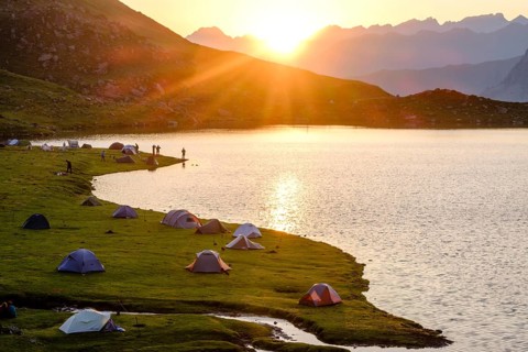 First light in the morning front Midi d Ossau, Gentau lake, Ayous lakes tour, Pyrenees National