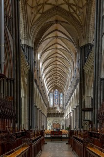 Salisbury, United Kingdom, 8 September, 2022: view of the choir and the central nave inside the