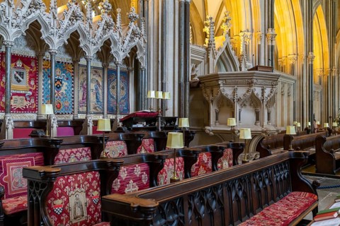 Wells, United Kingdom, 1 September, 2022: view of the Choir and pulpit inside the historic
