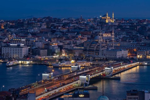 A picture of the Galata Bridge, with the New Mosque and the Nuruosmaniye Mosque, at night