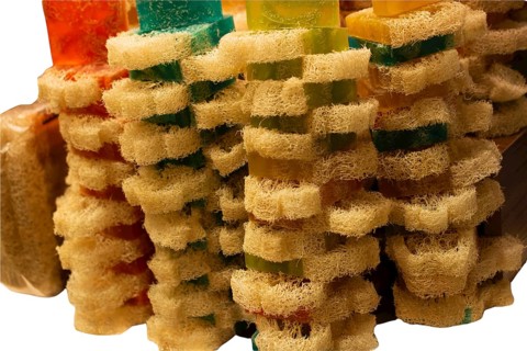 Various isolated homemade bar soaps. Handmade colorful soap, spa bath products for body spa skin