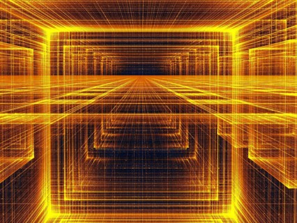 Golden perspective background - abstract computer-generated 3d illustration. Contemporary digital