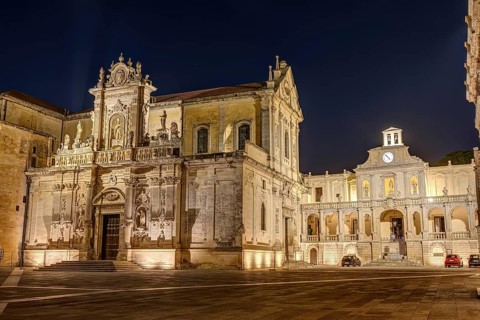 The impressive Piazza del Duomo in Lecce, Italy, at night, without people