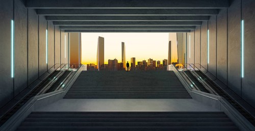 Businessman climbing stairs from underground upward to modern urban city. Ambitions concept. 3d