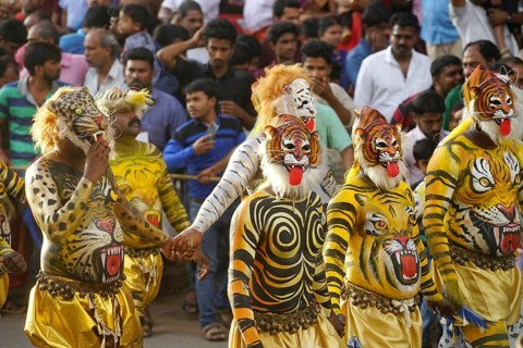 Pulikali Tiger Dance procession, Onam festival, Thrissur, Kerala, India, Asia
