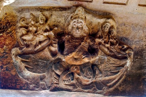 Bracket figure in cave three, cave temple 6th century 578 AD, Badami, Karnataka, India