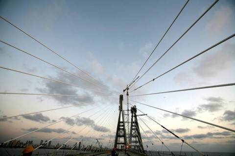 View of under construction Bandra Worli sea link is 8 lane twin carriageway cable stayed bridge,