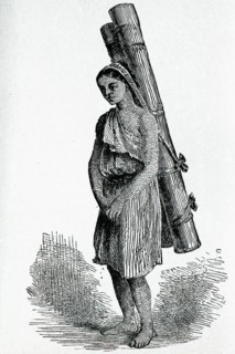 Drawing of lepcha girl carrier with a bamboo at Sikkim, India