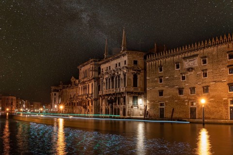 View on Canal Grande at Night, Boats passing by, Venice, Italy