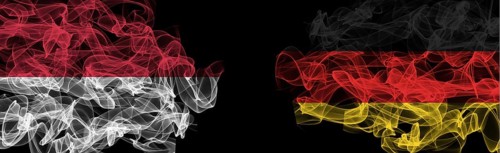 Flags of Indonesia and Germany on Black background, Indonesia vs Germany Smoke Flags