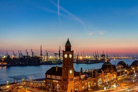 St. Pauli Piers and port of Hamburg during twilight hour