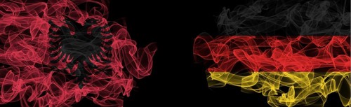 Flags of Albania and Germany on Black background, Albania vs Germany Smoke Flags