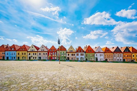 Row of houses on the town hall square in Bardejov, Slovakia Bardejov, Slovakia