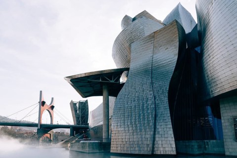 Bilbao, Spain, February 13, 2022: Exterior view of Guggenheim Museum designed built by Frank Gehry