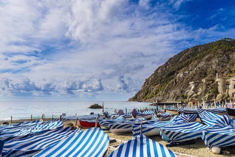Boats on the beach at Monterosso al Mare on the Mediterranean coast in Italy