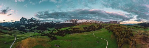 Panoramic view from the Seiser Alm to the Dolomites in Italy, drone shot