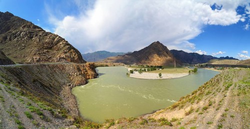 The bending of Katun River in the Altai Mountains, panorama