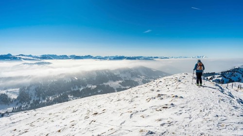 Fantastic snowshoe tour on the Hochgrat at the Nagelfluhkette in Allgau, Bavaria