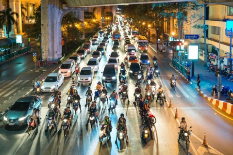 Rush-hour at the Ratchaprasong intersection in the Bangkok district Pathum Wan. Also a shopping