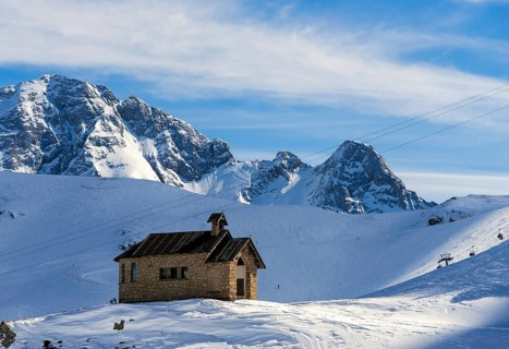 View of a Chapel in the Dolomites at the Pordoi Pass
