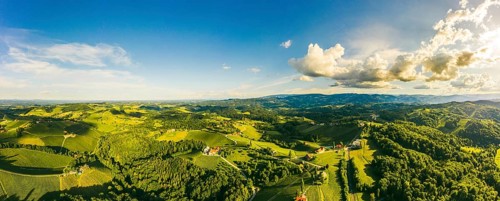 South styria vineyards aerial panorama landscape. Grape hills view from wine street in summer.
