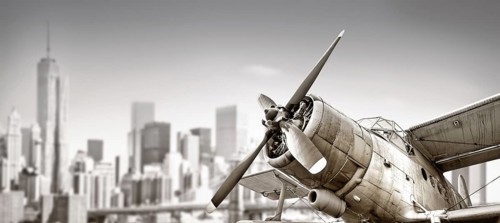 biplane against the skyline of new york