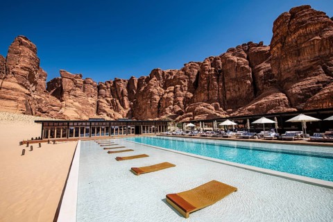 Pool and restaurant, Eco Luxury Hotel Our Habitas, Al Ula, Saudi Arabia