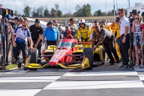 ALEX PALOU (10) (ESP) of Barcelona, Spain pulls into Victory Lane after winning the Astor Cup and