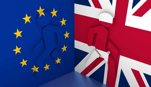 Image relative to politic situation between great britain and european union. Pedestrians icons