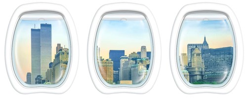 Three plane windows on New York City with World Trade Center and Twin Towers, Manhattan, United