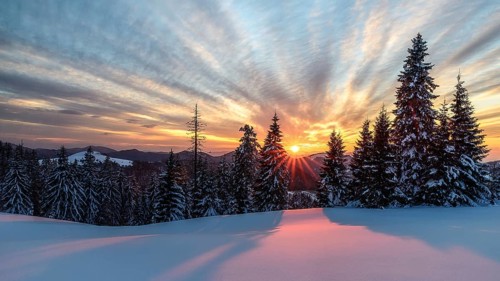 Wonderful sunset with snow and beautiful clouds in Slovakia
