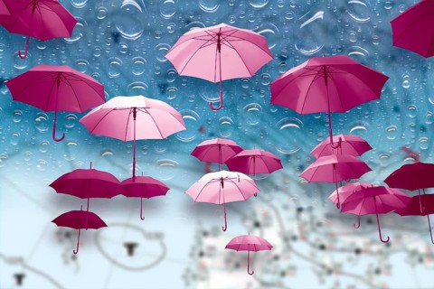 Many stretched pink raindrops float in front of a background with large raindrops and a weather map