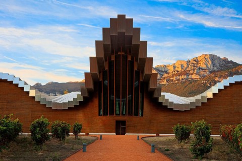 Fantastic beauty. The magnificent modern architecture of Bodegas Ysios. Bright flaming colors of