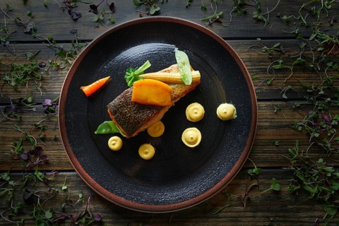 Braised Norwegian salmon with curry apple and watercress