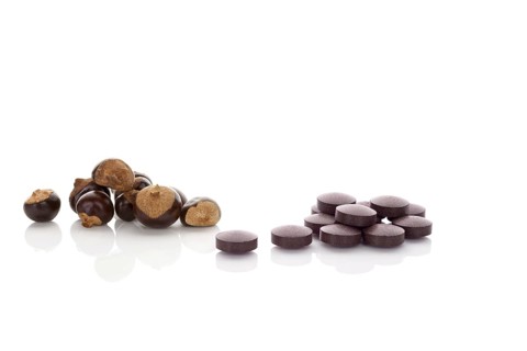 Guarana seeds and guarana pills isolated on white background. Medical Guarana dietary supplement