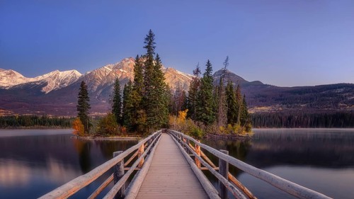 Beautiful autumn landscape scene in mountain in background in Jasper National Park west Canada with