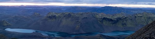 Cloudy mood and evening light, view from Mount Sveinstindur, volcanic landscape, Lake Langisjór,