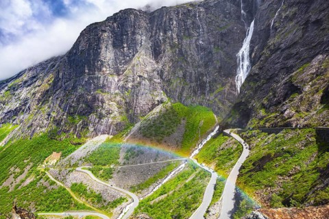 The famous Troll Staircase. Sunny summer day in the mountains of Norway. Photo taken from a drone.