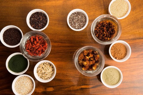 Bowls of various superfoods